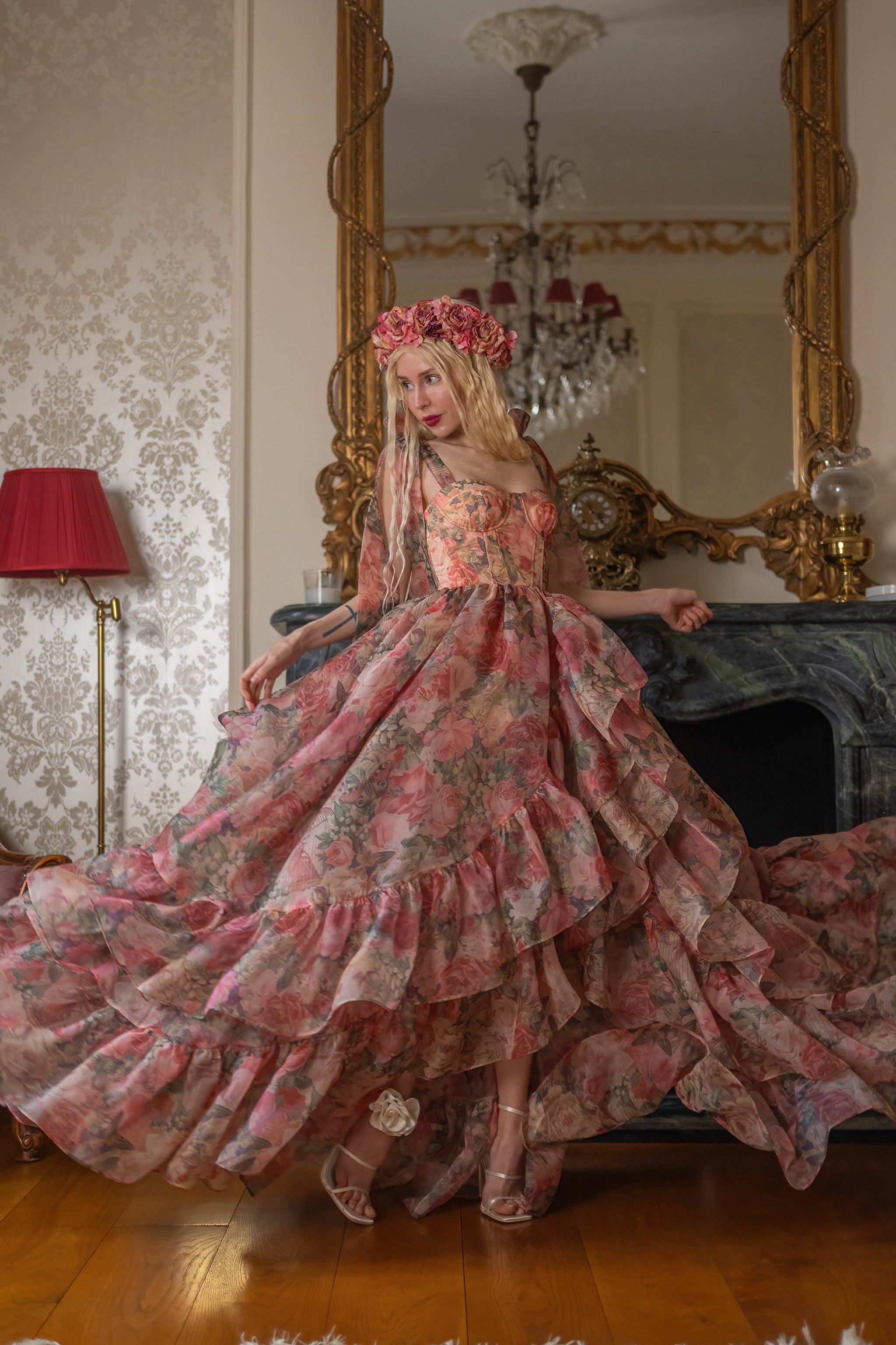 garden of eden dress pink Voluminous rose appliques Pink maxi dress, Garden of Eden XL / 10 / Pink
